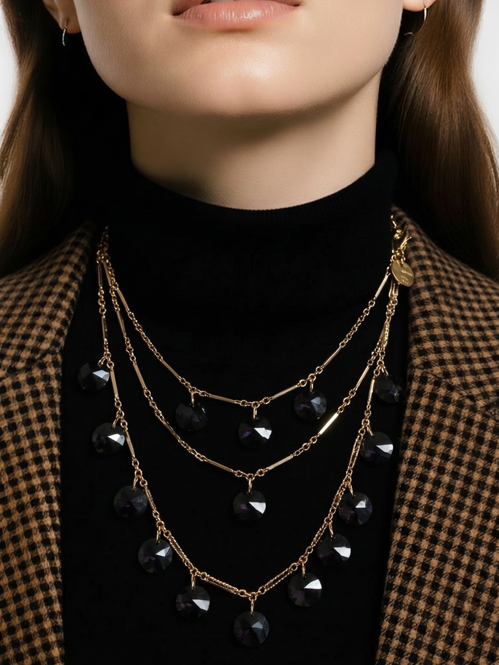 Gold Color Chain Necklace With Black Beads